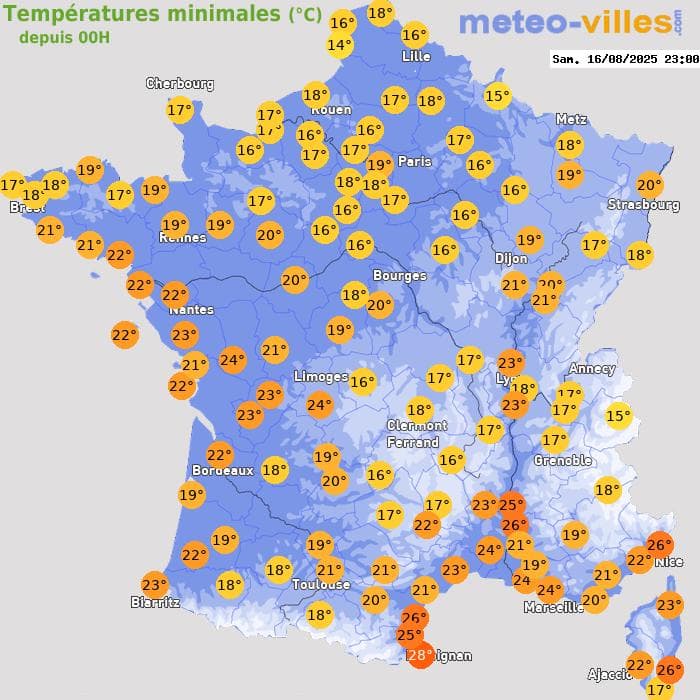 Températures minimales (°C) depuis 00h