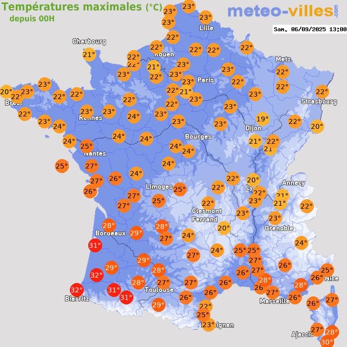 Températures maximales (°C) depuis 00h