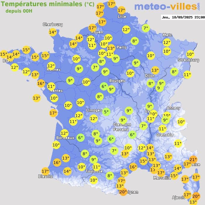 Températures minimales (°C) depuis 00h